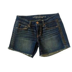 American‎ Eagle Outfitters Blue Jean Shorts Braided Black Leather Detail SZ 4